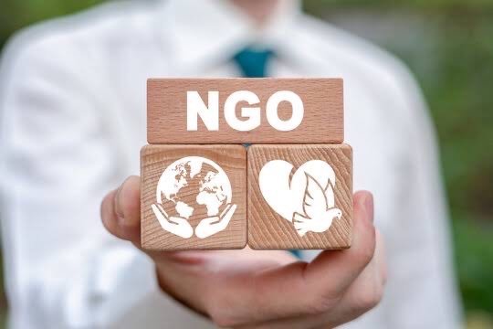 Bloques de madera con íconos de organización, mundo y solidaridad